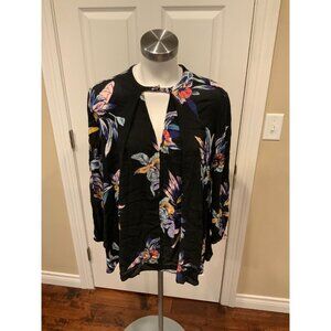 Free People Black Bohemian Tunic Shirt Keyhole Front Floral Pattern, Size XS